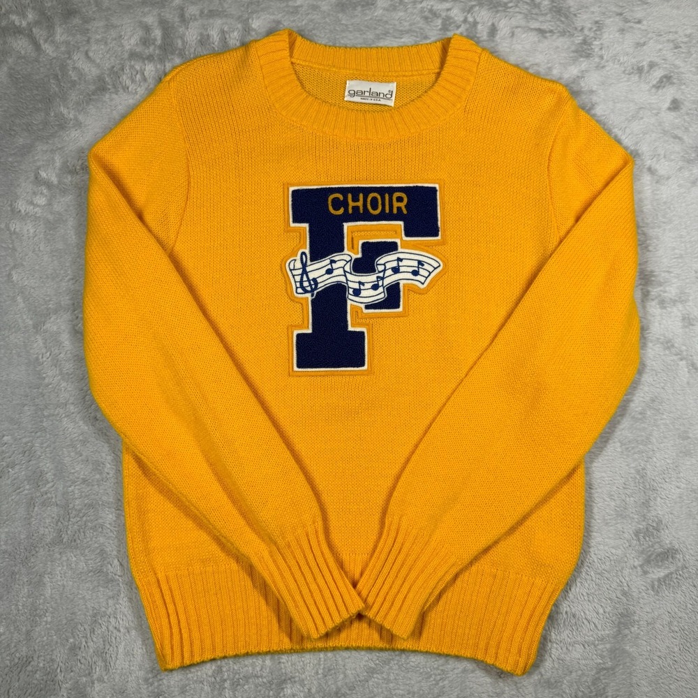 Vintage Choir Letter Sweater Women Small Yellow Navy Lettman F‎ Music Notes Prep